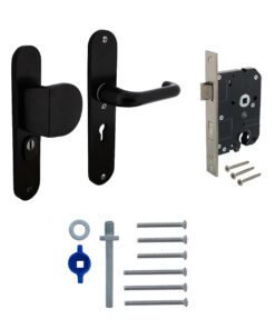 Intersteel Set voordeurbeslag ovaal: SKG3 veiligheidsbeslag ovaal 250x50mm greep/kruk kt55 met SKG2 slot 55pc aluminium zwart