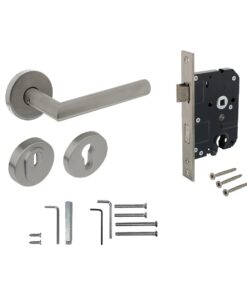 Intersteel Set achterdeurbeslag rond: deurkruk Jura met massieve rozetten, SKG2 slot pc55, SKG3 rozetten, rvs