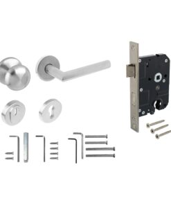 Intersteel Set voordeurbeslag rond: deurkruk Jura op rozet, voordeurknop, SKG2 slot pc55, SKG3 rozetten, rvs